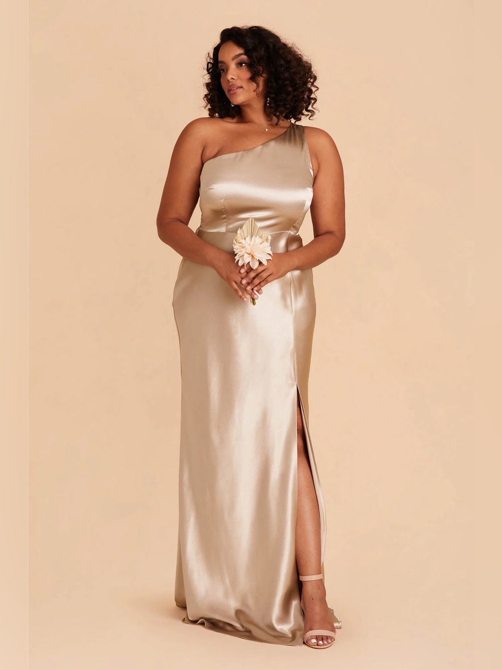 Birdy Grey One-Shoulder Satin Gown in Champagne - Picture 3 of 12